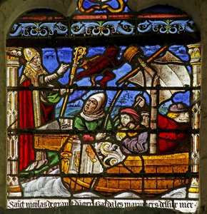 Vitrail représentant Saint Nicolas sauvant un bateau en détresse - French School